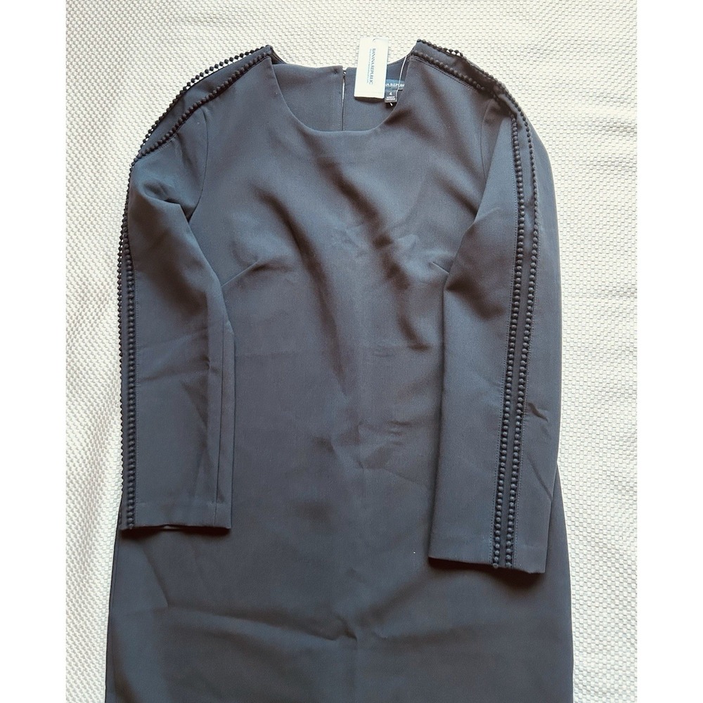 Banana Republic Shift Dress Women 4 Black Pom-Pom Trim Long Sleeve Professional - Picture 9 of 14